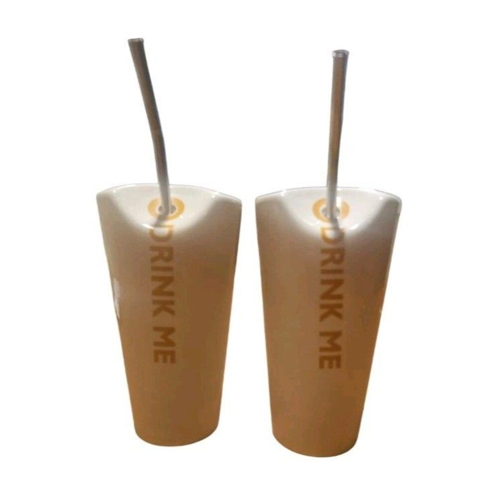 Max Brenner Alice Drink Me Cup Set 2 Ceramic Mugs Metal Straws Wonderland